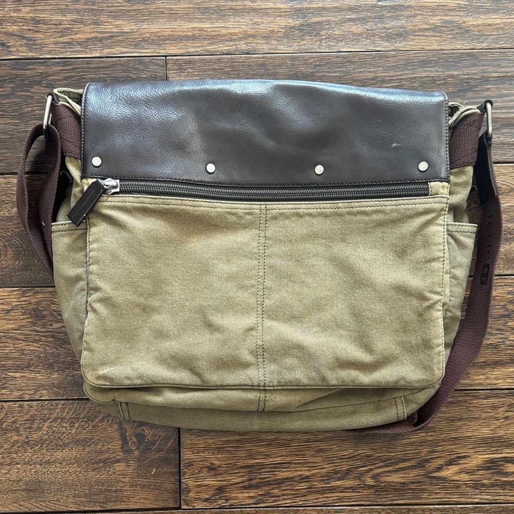 Canvas Messenger Bag in Olive Green with Brown Accents